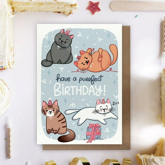 Cute Cat Birthday Card – "Have a Purrfect Birthday!" – Adorable Kitten Design – Envelope Included, Blank Inside – Perfect for Cat Lovers and Birthday Celebrations