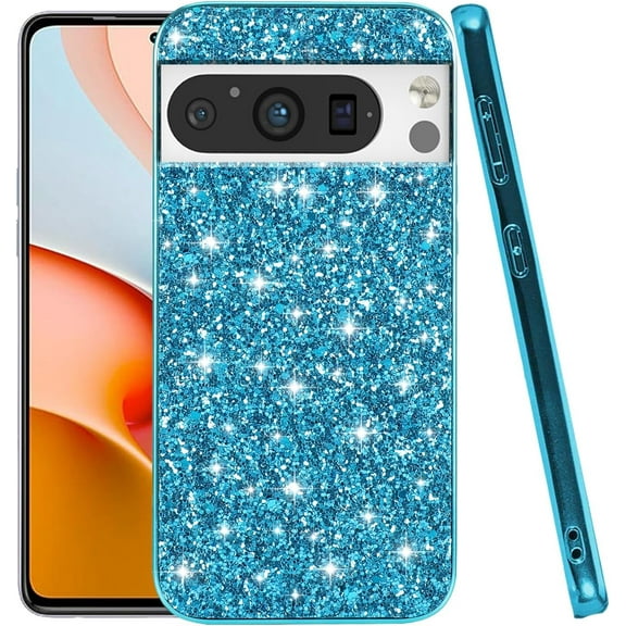 Compatible with Google Pixel 8 Case Glitter Shockproof, for Google Pixel 8 Phone Case Bling Sparkly TPU and PC Silicone Shiny Girl Women Thin Protective Cover (Blue)