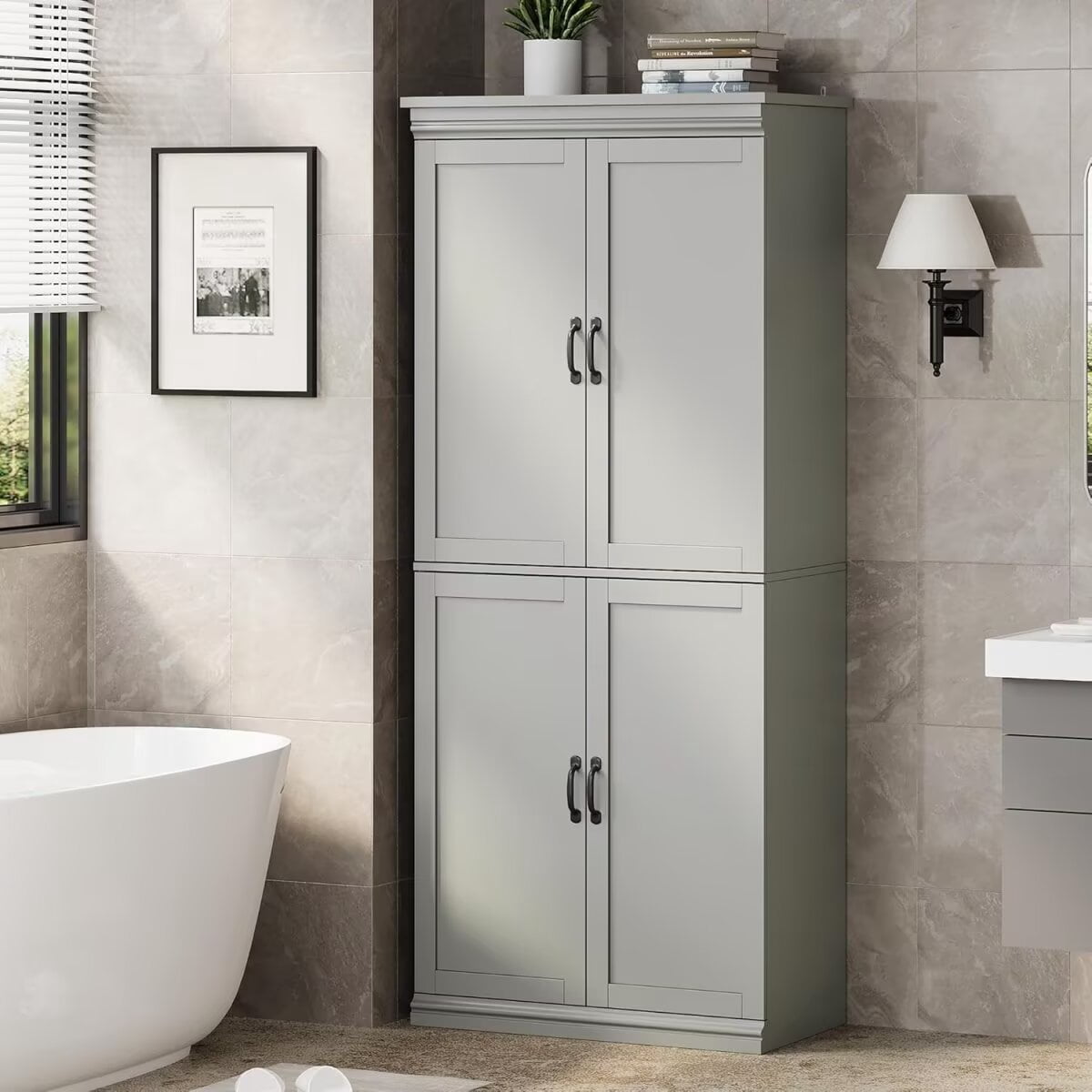 70" Tall Pantry Cabinet, Freestanding Kitchen Pantry Storage Cabinet with Doors and Adjustable Shelves for Dining Living Room Bathroom, Gray