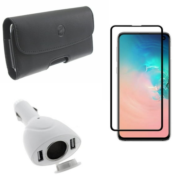 Galaxy S10e Case Belt Clip w Car Charger w Screen Protector - Leather Holster Cover, DC Socket 2-Port USB Power, Tempered Glass 5D Curved Edge for Samsung Galaxy S10e Phone