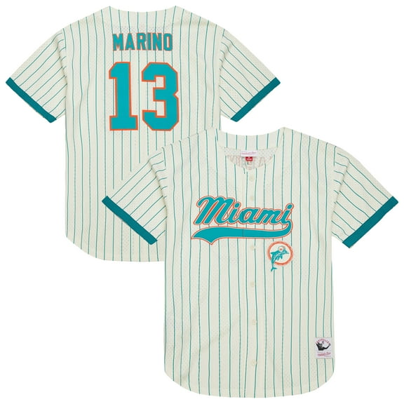 Men's Mitchell & Ness Dan Marino Cream Miami Dolphins Name & Number Mesh Button-Up Baseball Jersey