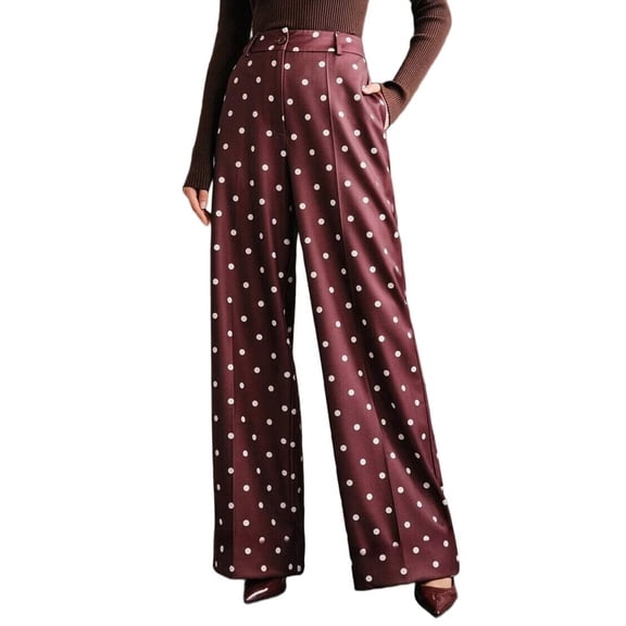 Women'S Polka Dots Wide Leg Tailored Pants High Waisted Belted Loose Trousers with Pockets Wine Red XXL