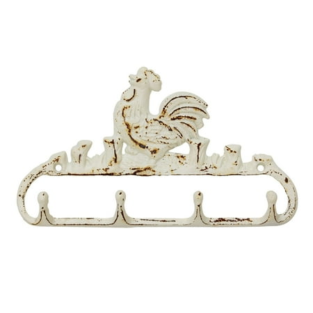 - Stonebriar Collection Worn White Cast Iron Multi Hooks with Rooster Detail