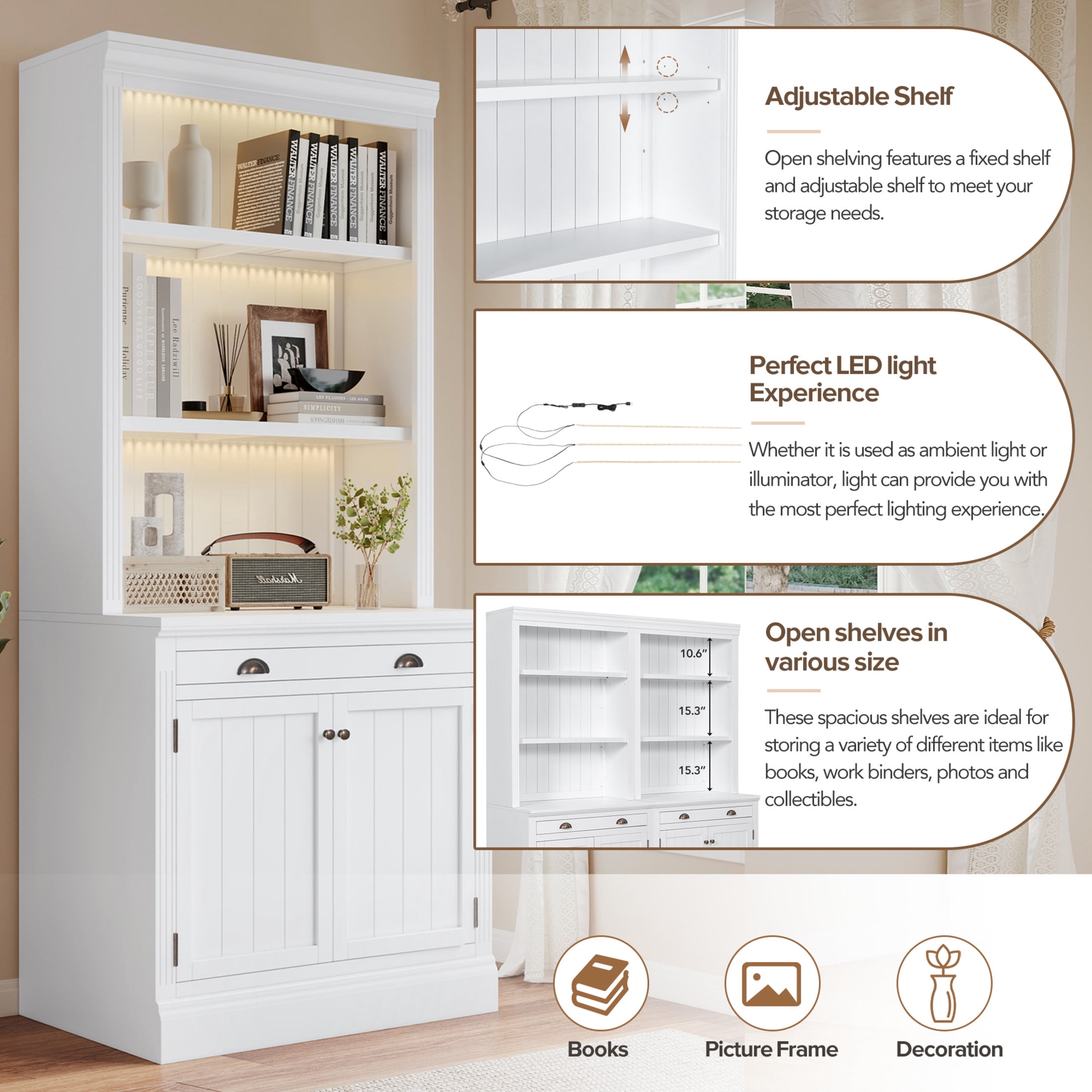 GDF Studio Caldon 83.4" Bookshelf with LED Lighting, Drawers & Panel Doors, Modern Bookcase for Home Office, White