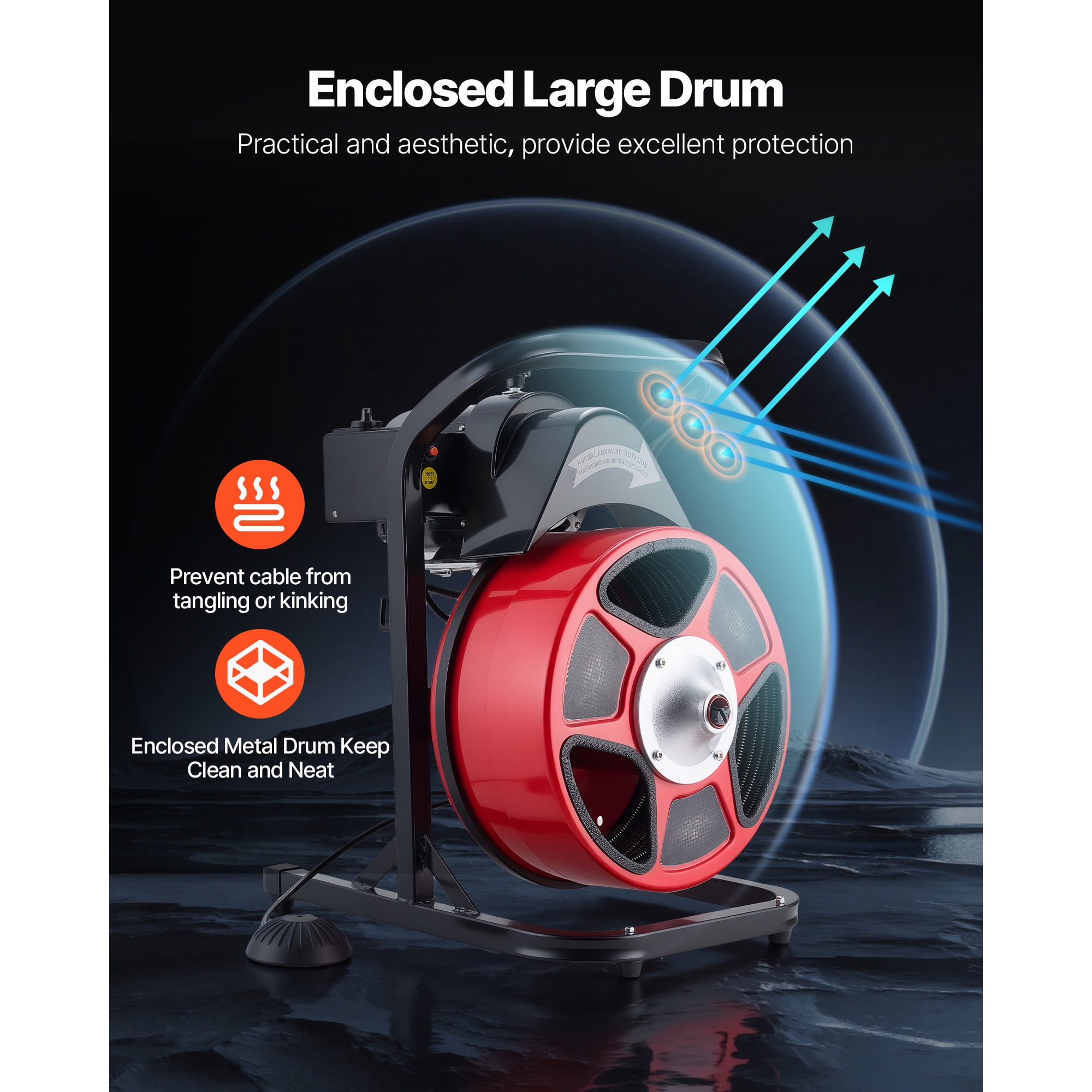 KFFKFF Drain Cleaning Machine 50 FT x 1/2 Inch, Manual Feed Sewer Snake with 4 Cutting Tools & Foot-Activated Switch for 2" to 6" Pipes