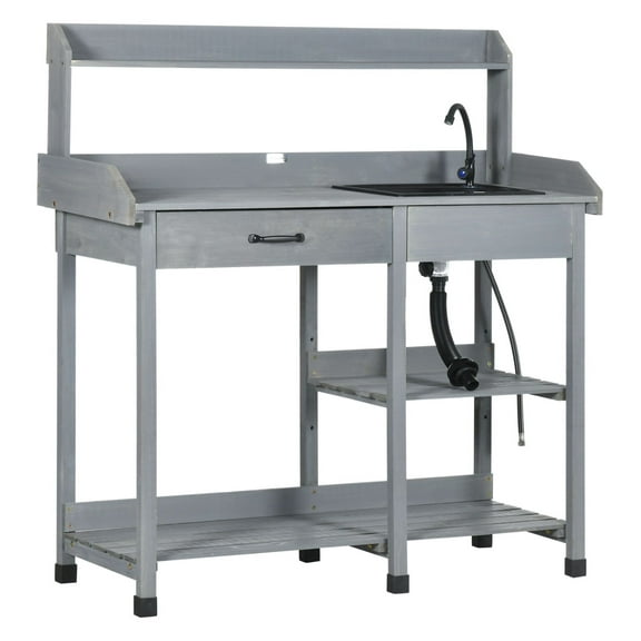 Potting Bench with Sink - Gray Outdoor Work Table - Garden Potting Station with Shelves, Drawer & Hooks