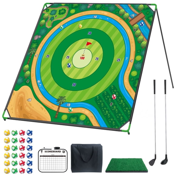 Golf Chipping Game Set, Indoor Outdoor Portable Golf Game for Chipping Practice with 24 Sticky Balls, Putting Mat, Scoreboard, 2 Putter & Carry Bag