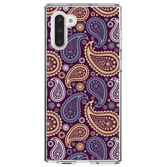 DistinctInk Clear Shockproof Hybrid Case for Samsung Galaxy Note 10 (6.3" Screen) - TPU Bumper, Acrylic Back, Tempered Glass Screen Protector - Purple Yellow Blue Paisley