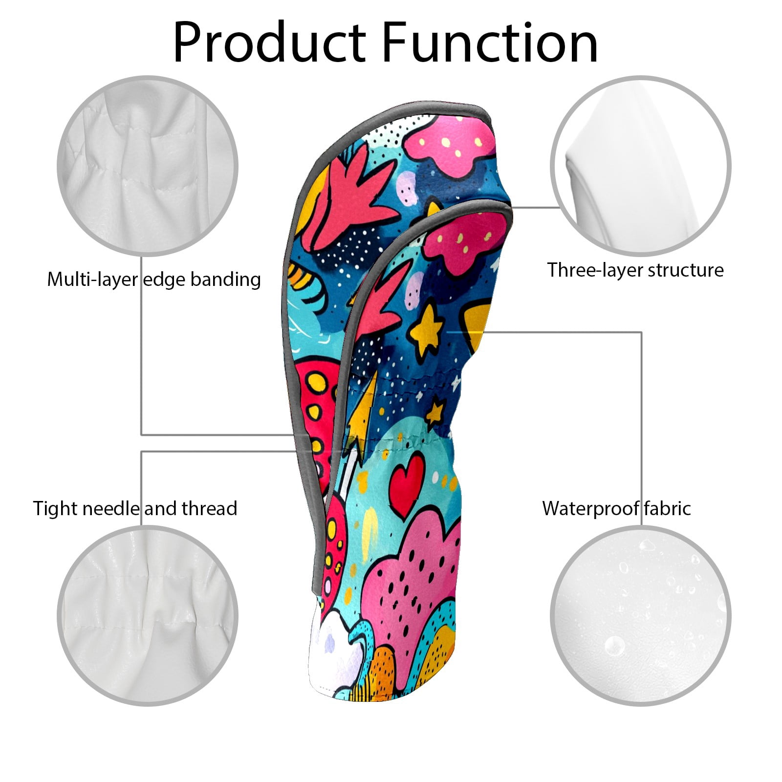 Golf Head Covers - Cute Patterns, Premium Waterproof PU Leather, Plush Lining, Fits Driver/Hybrid, Fun Golf Gift