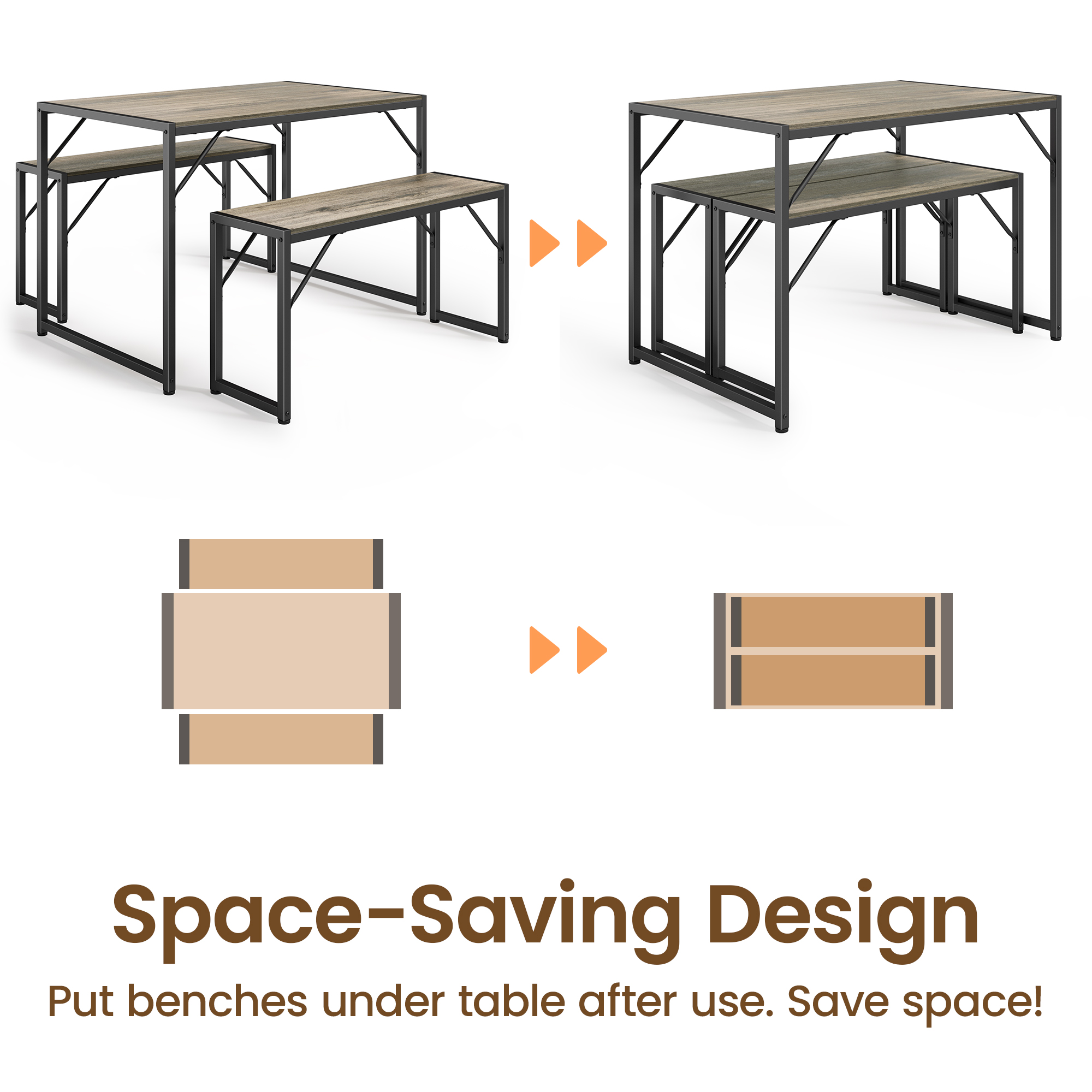 Asofer 45.5" Small Kitchen Dining Table Set with 2 Benches, Multi-Use as Coffee Table/Shoe Bench, Grey
