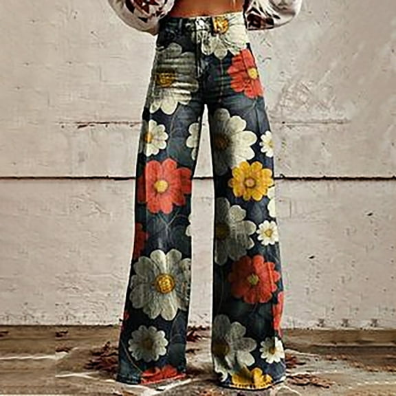 Women's Casual Pants 2025 New Summer Flower Wide Leg Pants Lightweight And Loose Casual Colorful Pants Imitation Jeans,Black Women's Casual Pants XXXXXL