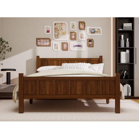 LFSLJJMY Queen Size Flat Panel Bed with Headboard & Footboard Minimalist Modern with Wood Grain Finish Shaker and Farmhouse Style Design Sleek and Functional Bedroom Furniture Dark Walnut