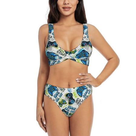 Zeuib Game All Day High Waisted Tummy Control Bikini Set - Knot Front Push Up Top & Cheeky Thong Bottom  Two-Piece Swimsuit for Women-Large