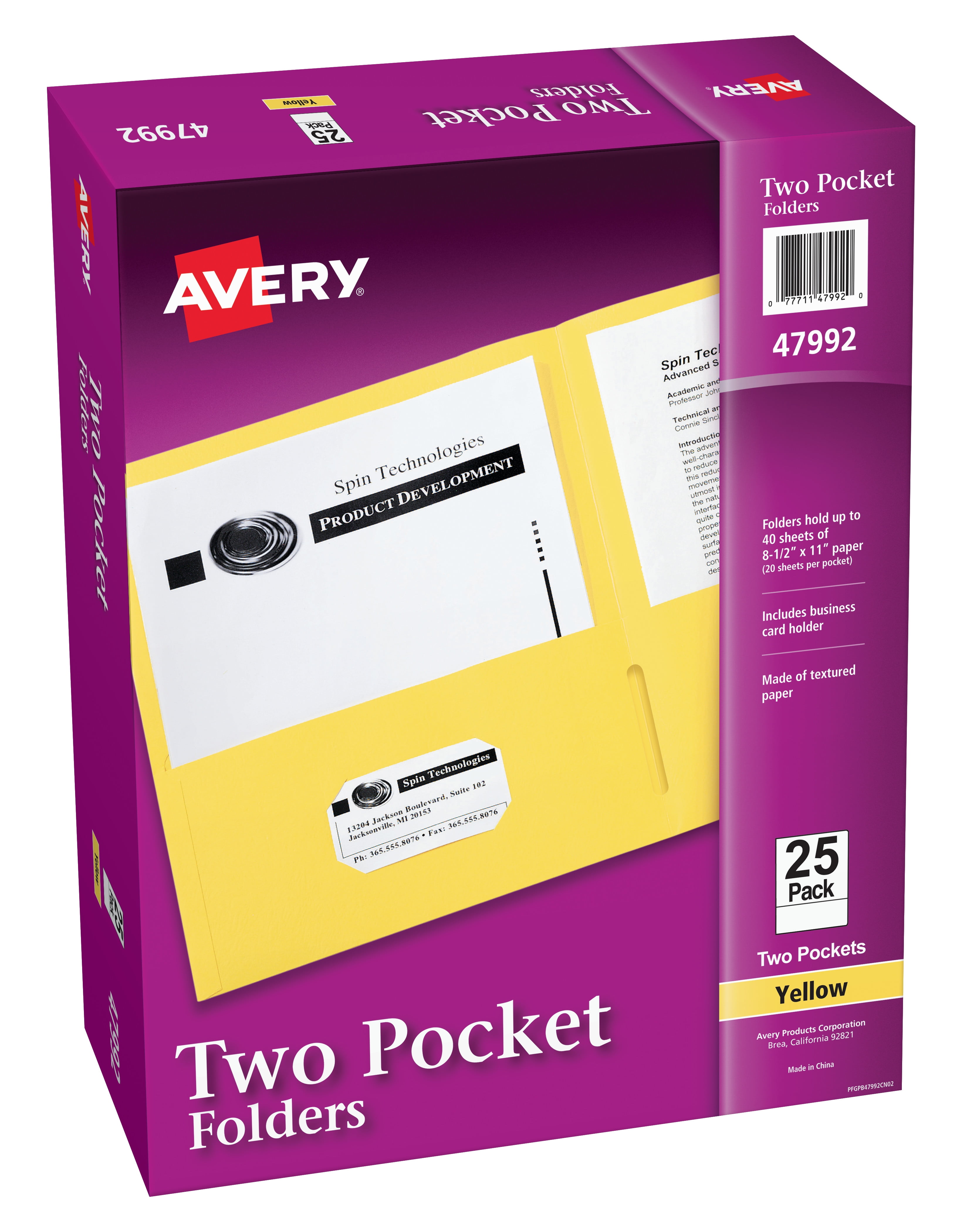 Two Pocket Folders, Holds up to 40 Sheets, 25 Yellow Folders (47992
