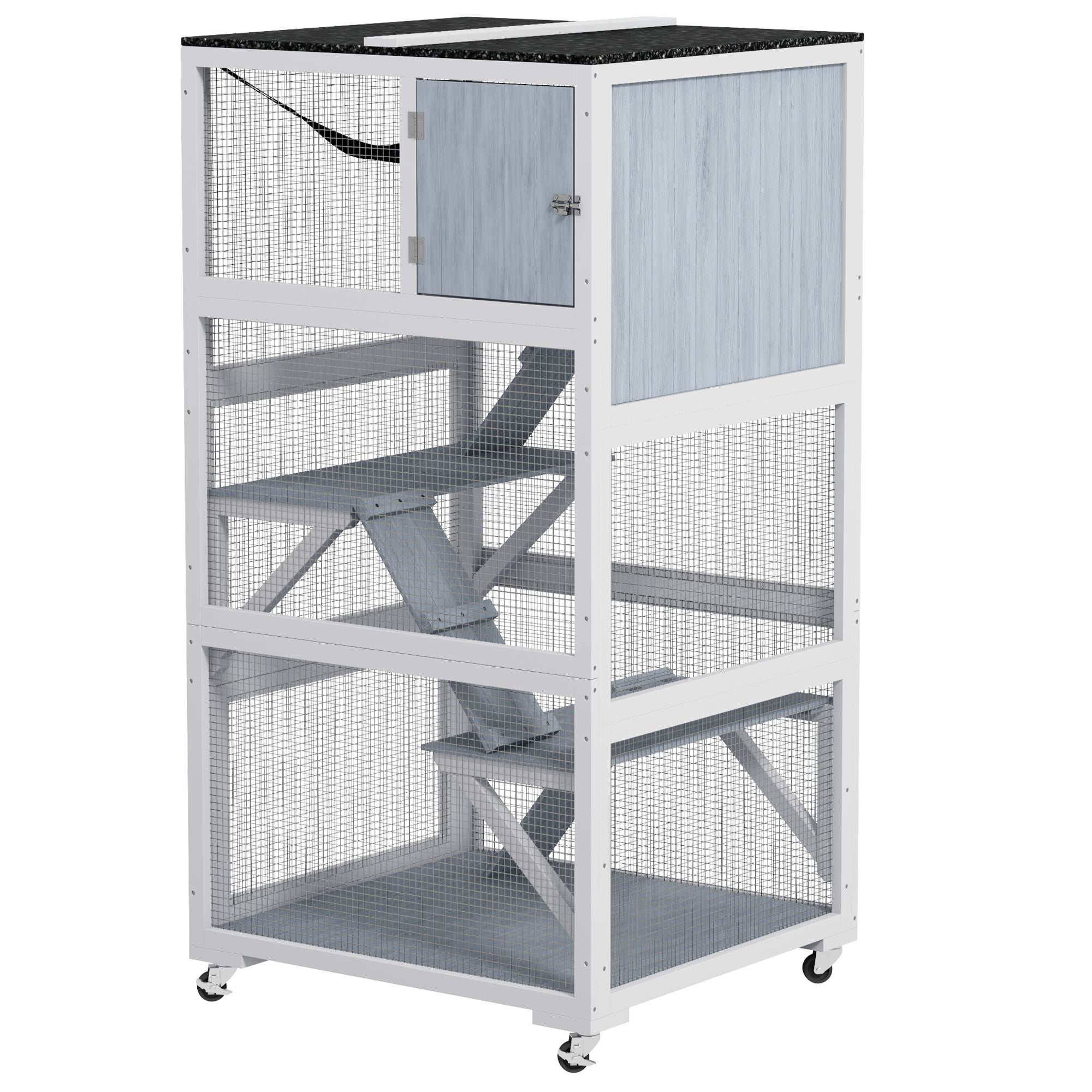 PawHut Outdoor Catio Enclosure, Multi-Level Fir Wood Cat Cage with Hammock, Ramps, and Nap Box, Mobile Wheels, Weather-Resistant Asphalt Roof, 33.75"L x 31.5"W x 66"H, Light Gray
