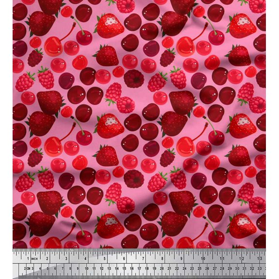 Soimoi Polyester Crepe Fabric Raspberry,Strawberry & Cherry Fruits Decor Fabric Printed Yard 42 Inch Wide