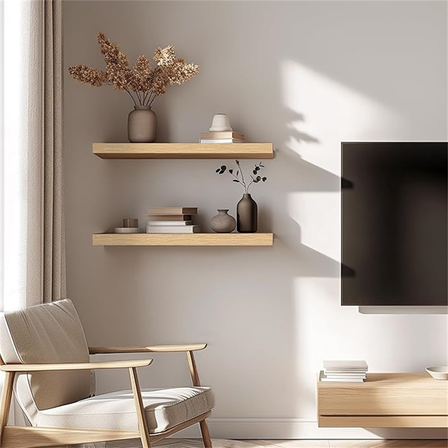 Oak Floating Shelves for Wall，24in Wall Mounted Display Ledge Shelves Perfect for Bedroom, Bathroom, Living Room and Kitchen Decoration Storage (Oak, Set of 2)