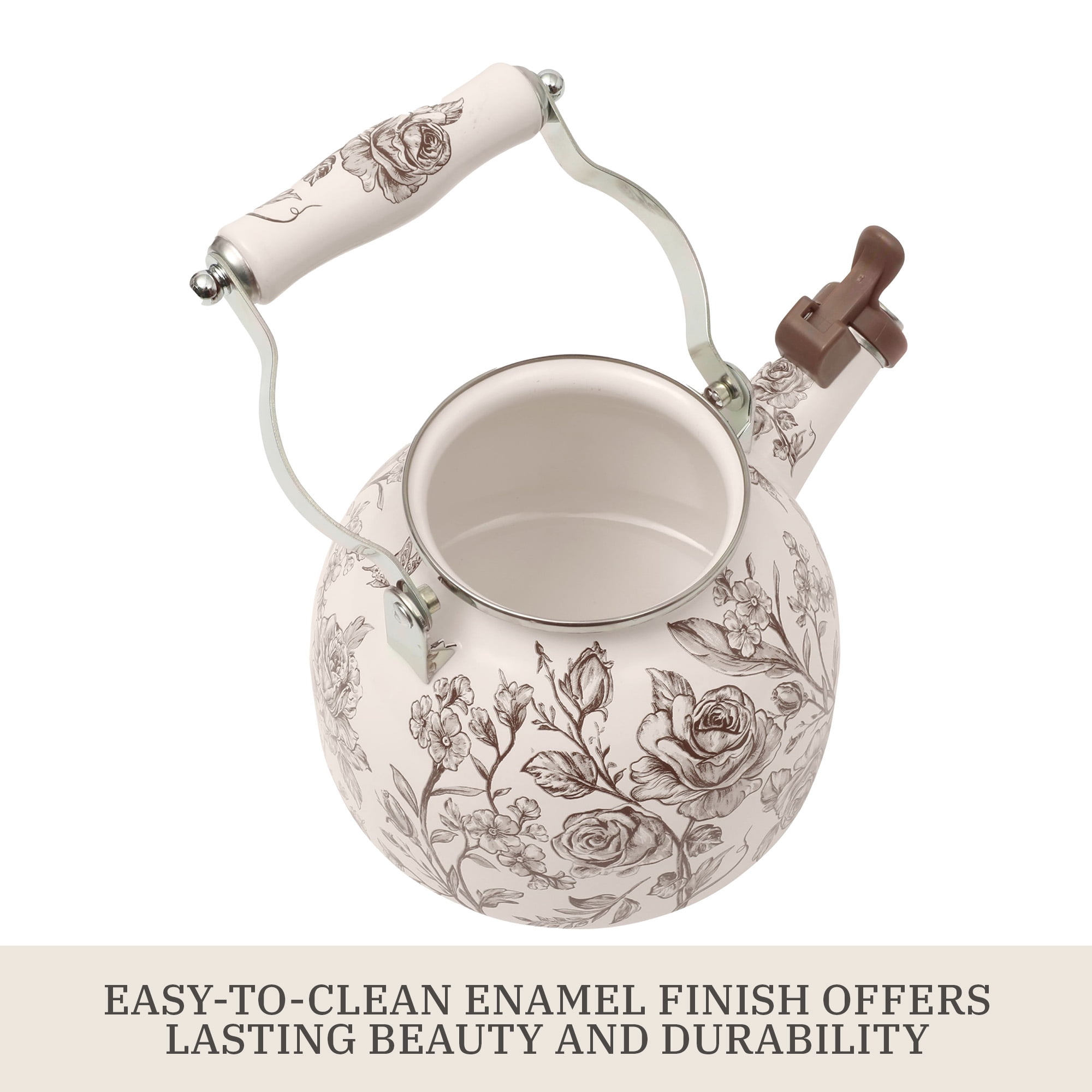 The Pioneer Woman Agatha 2.0-Quart Whistling Tea Kettle, Enamel on Steel, Brown