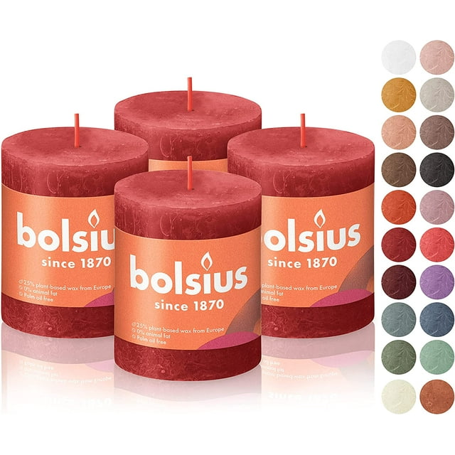 BOLSIUS 4 Pack Delicate Red Rustic Pillar Candles - 2.75 X 3.25 Inches - Premium European Quality - Natural Eco-Friendly Plant-Based Wax - Unscented Dripless Smokeless 35 Hour Party Décor Candles