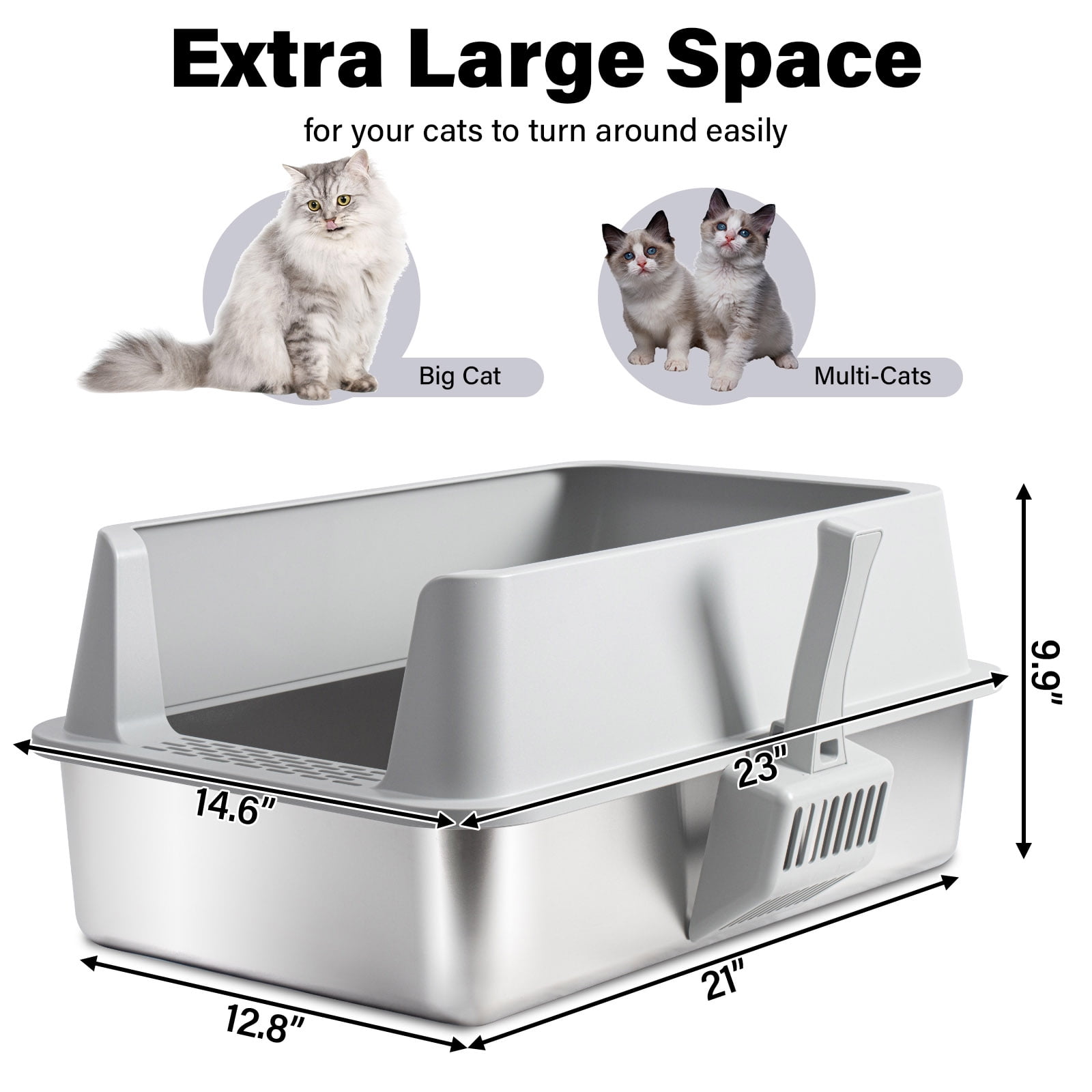 Nyutu Stainless Steel Litter Box with Lid 2 Pack,  Large to XL Metal Cat Litter Box with Scoop and Mat, High Sided Litter Boxes for Big/Multi Cats, Anti-Urine Leakage, Easy Clean and No Smell