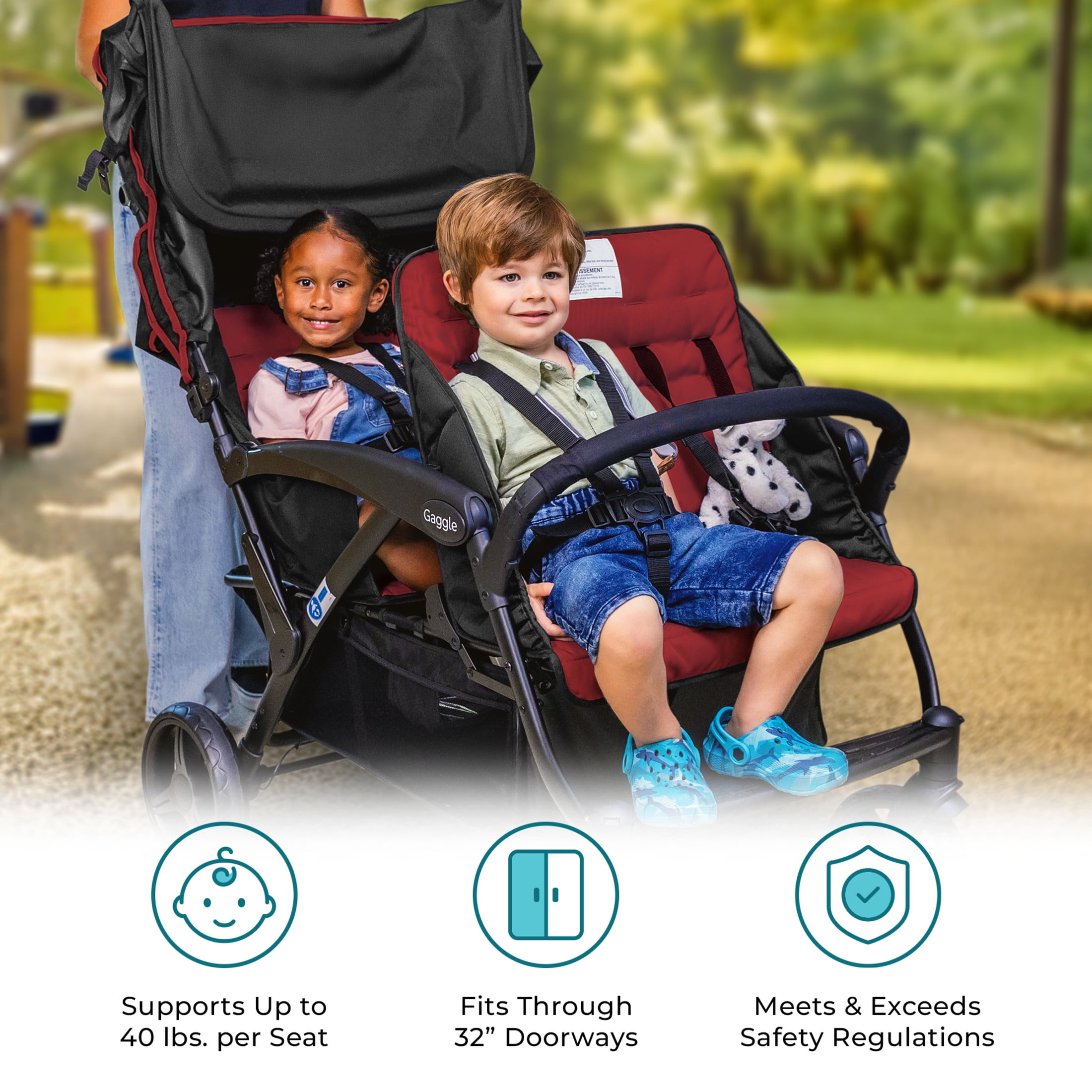 Foundations Gaggle Odyssey 4-Seat Quad Stroller, Reclining Bench Seats with Canopy, Red/Black​