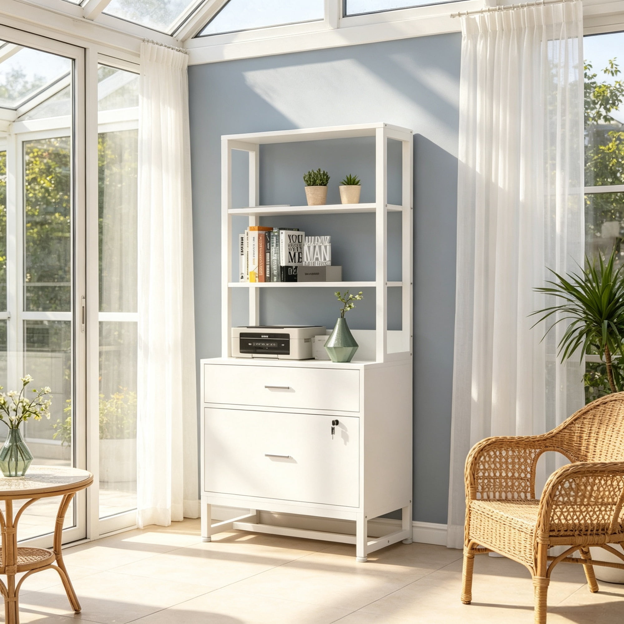 Vertical File Cabinet, 2-Drawer Filing Cabinet with Open Storage Shelves, 38.39 in x 17.72 in x 11.42 in