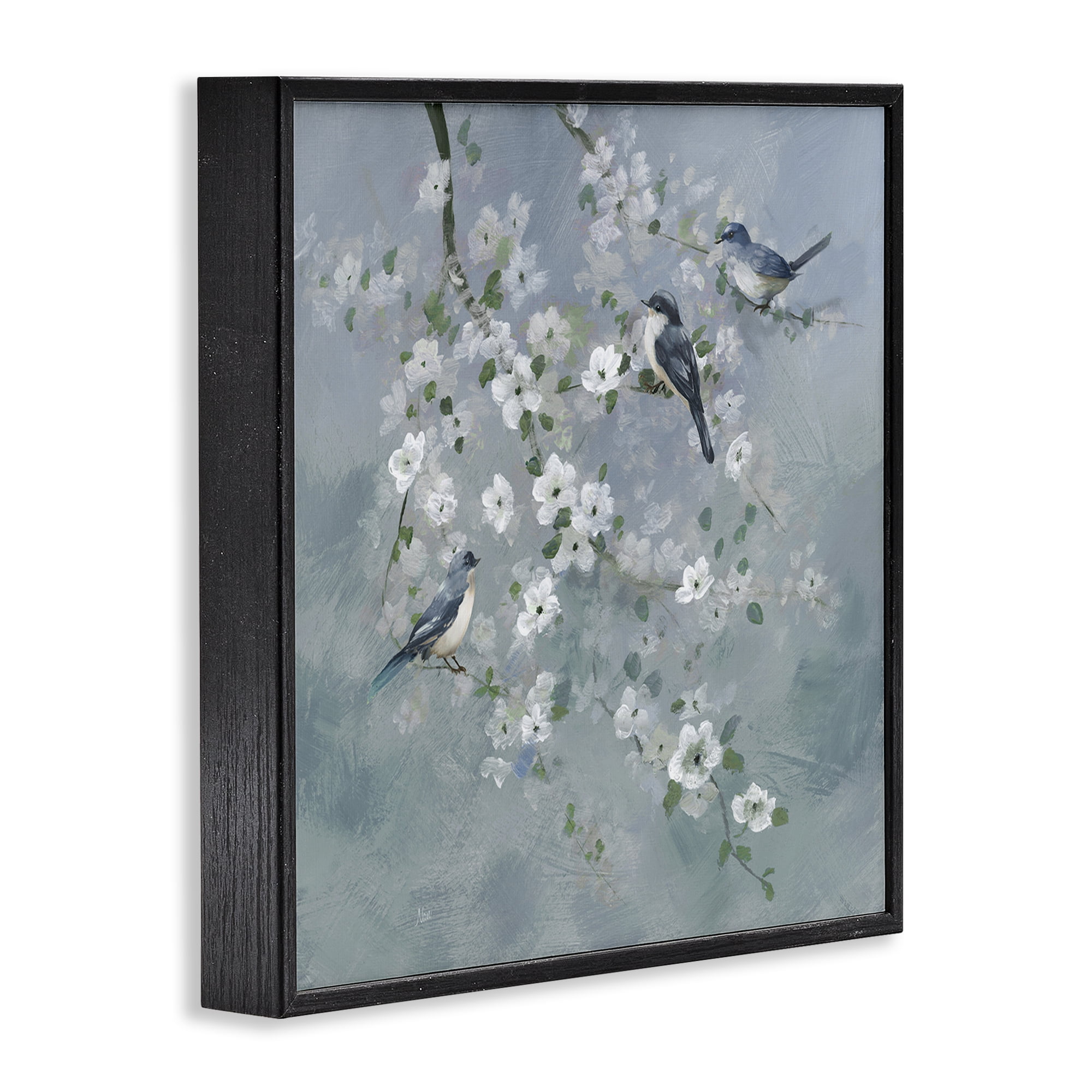 Stupell Industries Serene Birds on White Blooms Black Framed Giclee Art, design by Nan