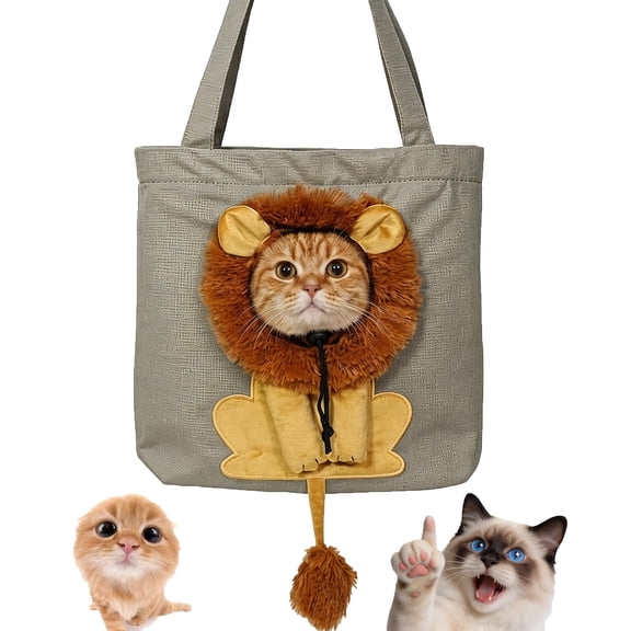 Cat Carrier Tote Bag with Lion Face Hole, Breathable Canvas Pet Shoulder Bag, Head‑Out Interactive Travel Handbag for Small Cats Puppies Outdoor Walking Shopping