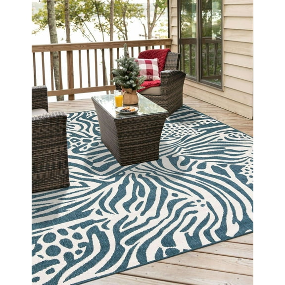 Unique Loom Outdoor Safari Collection Area Rug - Savanna (7' 10" Square Navy Blue and Ivory/Ivory)
