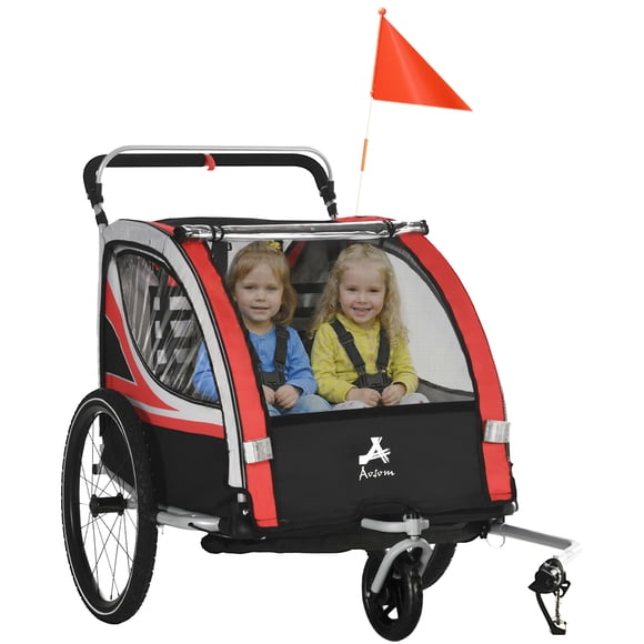 Aosom Remorque de Vélo pour Enfant Bébé, 2 Places, Poussette Vélo pour Tout-Petit, Rouge