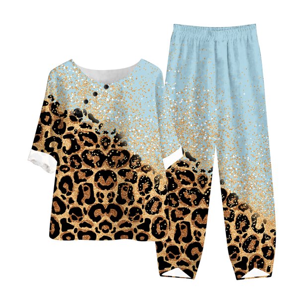 Puntoco Conjunto de traje de dos piezas con cuello redondo y manga corta estampado de verano para mujer Puntoco Puntoco-1105
