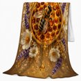 thumbnail image 2 of Honey Bee on Floral Honeycomb Medallion, Serene Botanical Art for Bee Lovers, Lavender Garden Motif and Mother's Day Gift, Soft Flannel Blanket for Sunroom and Reading Nook, Elegant Home Decor, 2 of 9