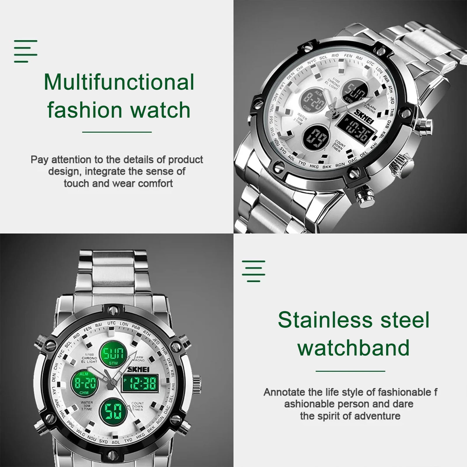 SKMEI Mens Wrist Watch, Waterproof Military Analog Digital Watches with LED Multi Time Chronograph, Stainless Steel Business Quartz Watches for Men