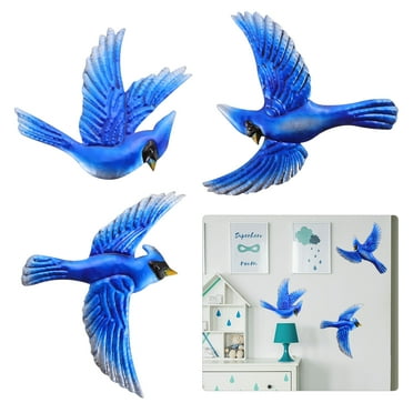 MLINS Blue Iron Bird Wall Hangings for Home Decor 3 Pieces Lifelike Pendant Decorative Wall Art