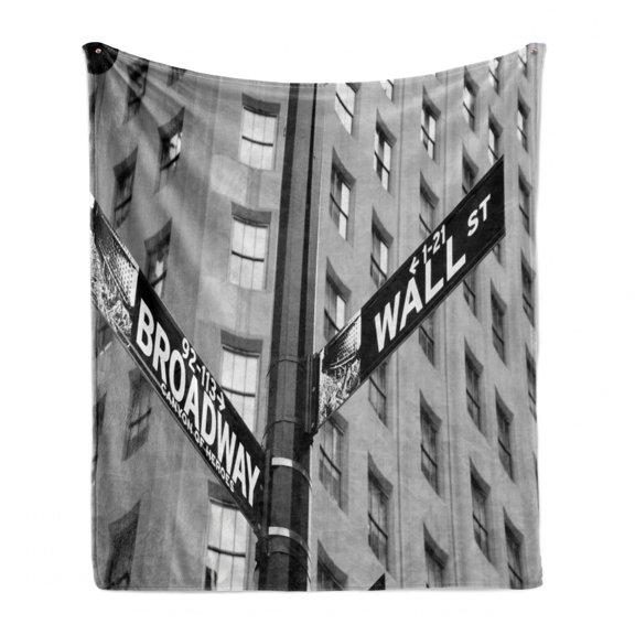 New York Soft Flannel Fleece Blanket, Street Signs of Intersection of Wall Street and Broadway Finance Destinations, Cozy Plush for Indoor and Outdoor Use, 50" x 70", Black and White, by Ambesonne
