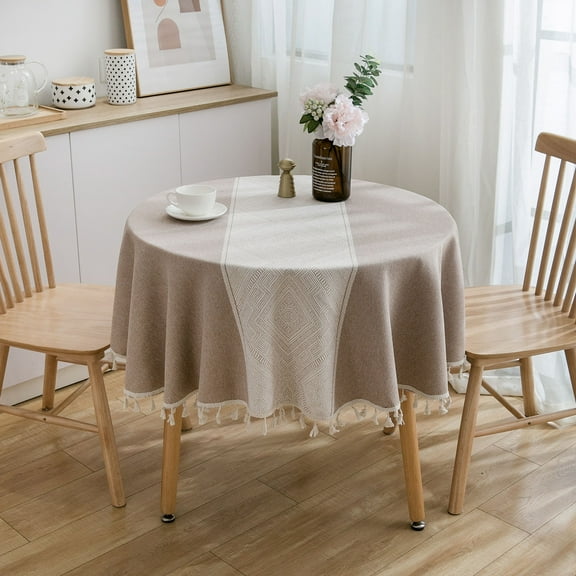 Round Tablecloth Cotton Linen Tablecloth With Tassel,Burlap Table Cover For Home-Brown-150cm(60inch)