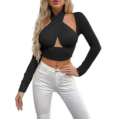 

JBEELATE Women Criss Cross Halter Corset Tops Solid Color Long Sleeve Hollow Wrap Bodycon Blouse Slim Fit Crop Tops