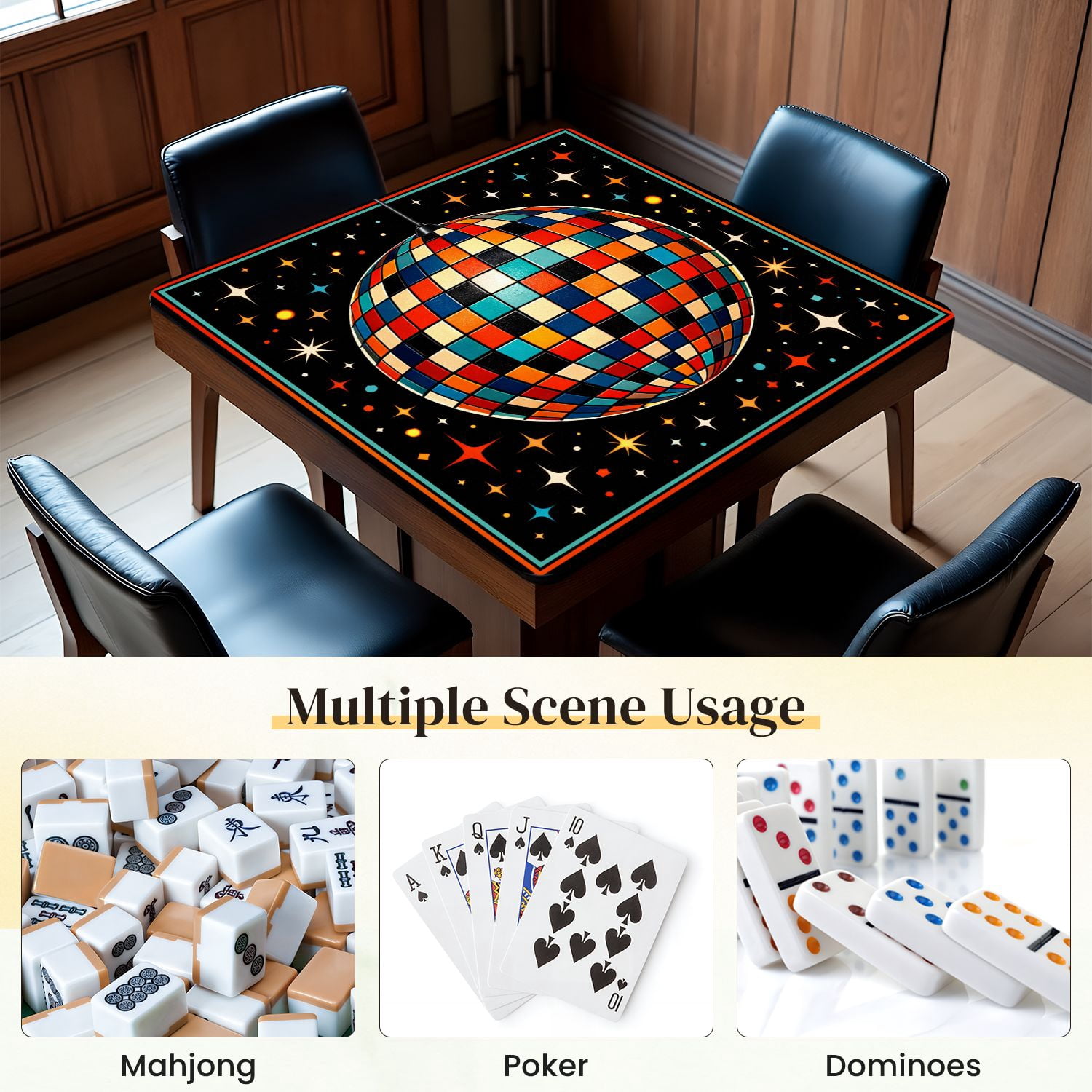 Mahjong Mat 31.5" x 31.5" Retro Disco Ball Colorful Geometric Tiles Sparkling Stars Non-Slip Noise Reduction Mahjong Tiles Table Cover for Dominoes Poker Card Board and Tile Games