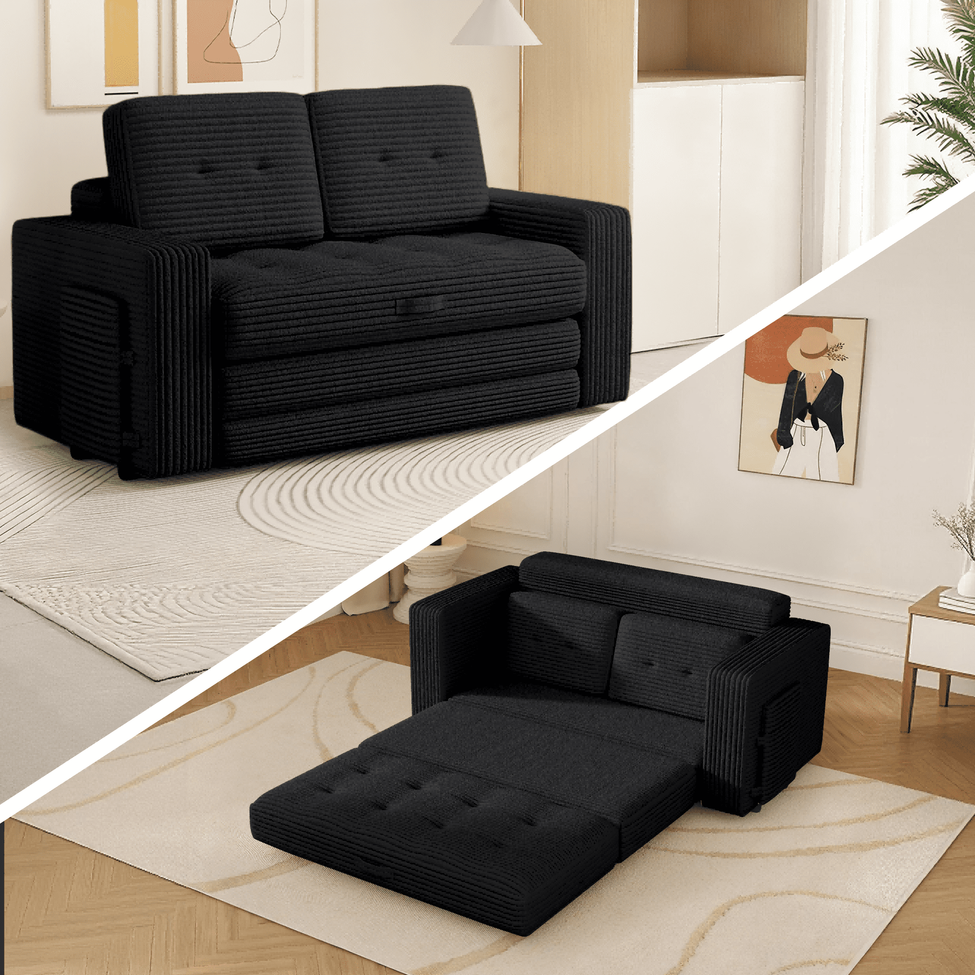 WENTUM Pull Out Loveseat Boneless Couch,Sleeper Sofa, Folding Couch Bed with Pillow for Living Room Bedroom, Black