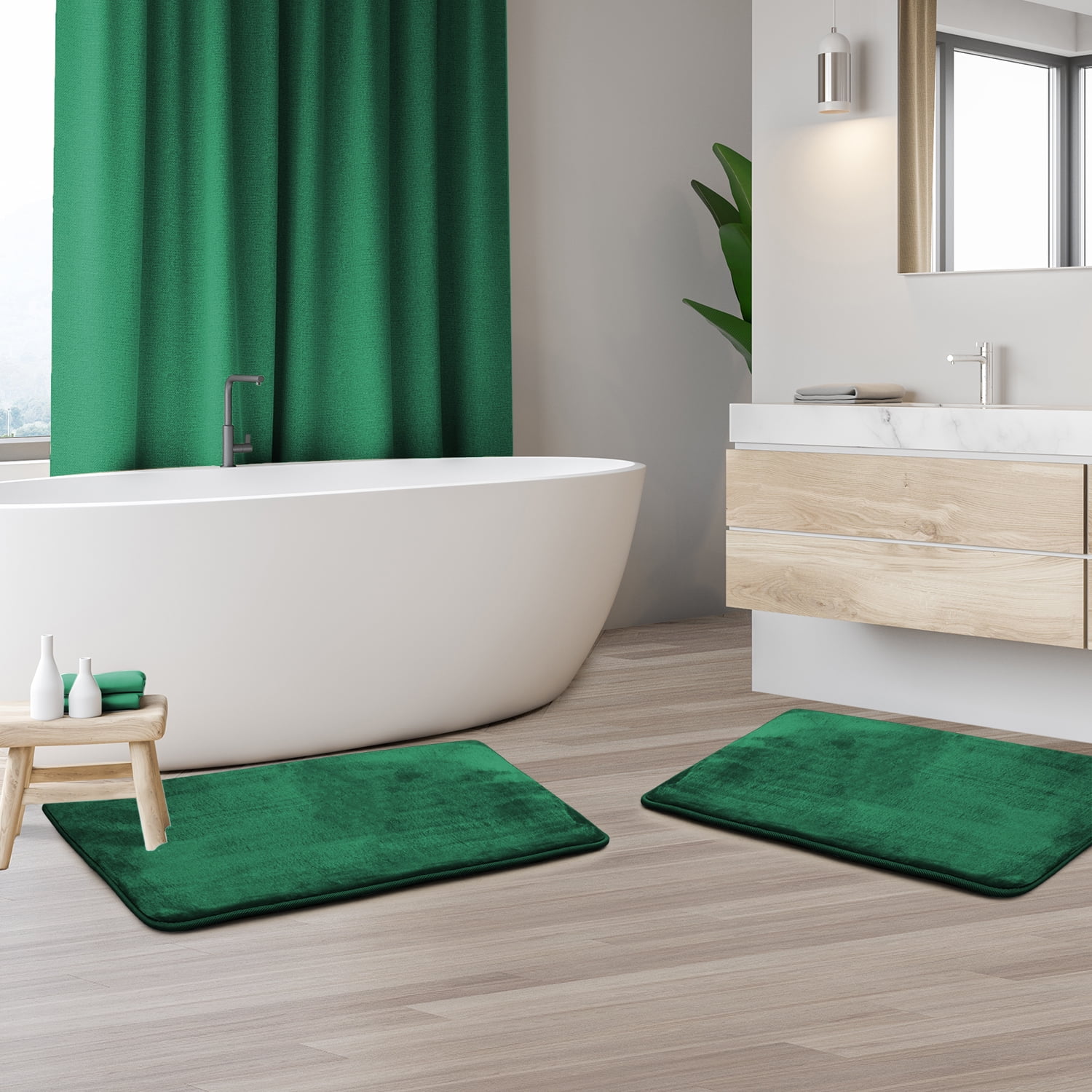 2 Piece Premium Memory Foam Bathroom Mat Set - Absorbent Luxury Plush Non Slip Carpet for Tub Shower & Bath Room, Soft Floor Mats, Machine Washable - Set of 2 17x24 Inch Bath Rugs, Hunter Green