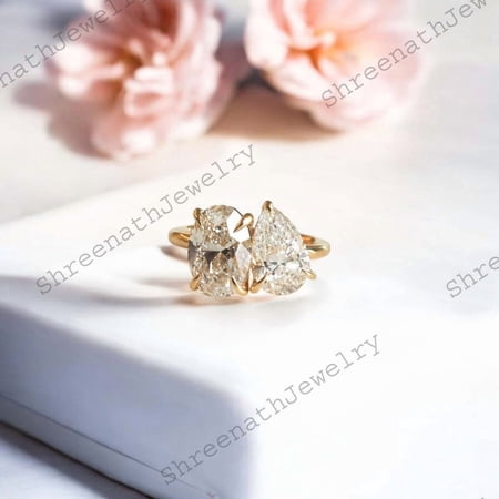 SHREENATHJEWELRY Vintage Toi Et Moi Engagement Ring, Diamond Moissanite Sterling Silver Promise Ring, Two Gemstone Ring