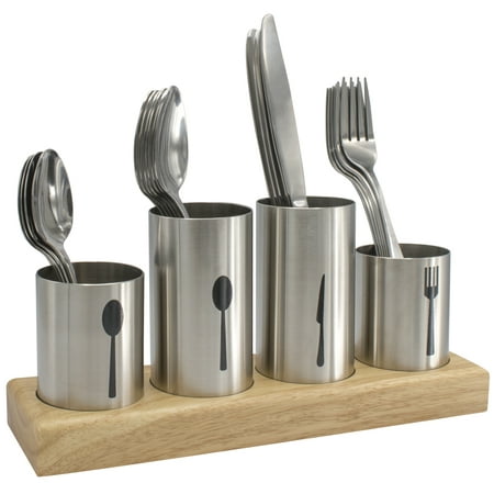 Cafeteria Silverware Sorbus Silverware Holder with Caddy for Spoons, Knives Forks, etc — Ideal for Kitchen, Dining, Entertaining, Buffet, Picnic, and more — Stainless Steel with Bamboo Wood Base ()