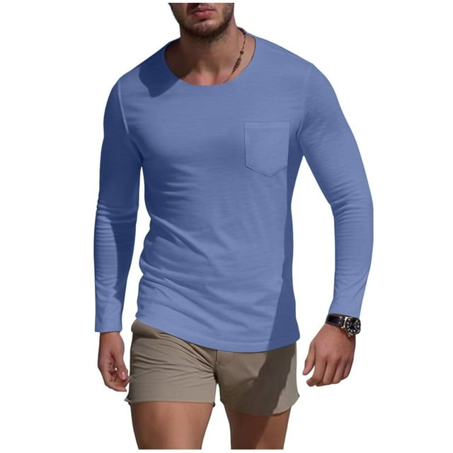Lovzfmll pour Homme, Couleur Unie, Décontracté, Pocket, Chandail de Base à Manches Longues à Col Ras du Cou, Haut, Chemise pour un Confort et un Style au Quotidien, Bleu, M