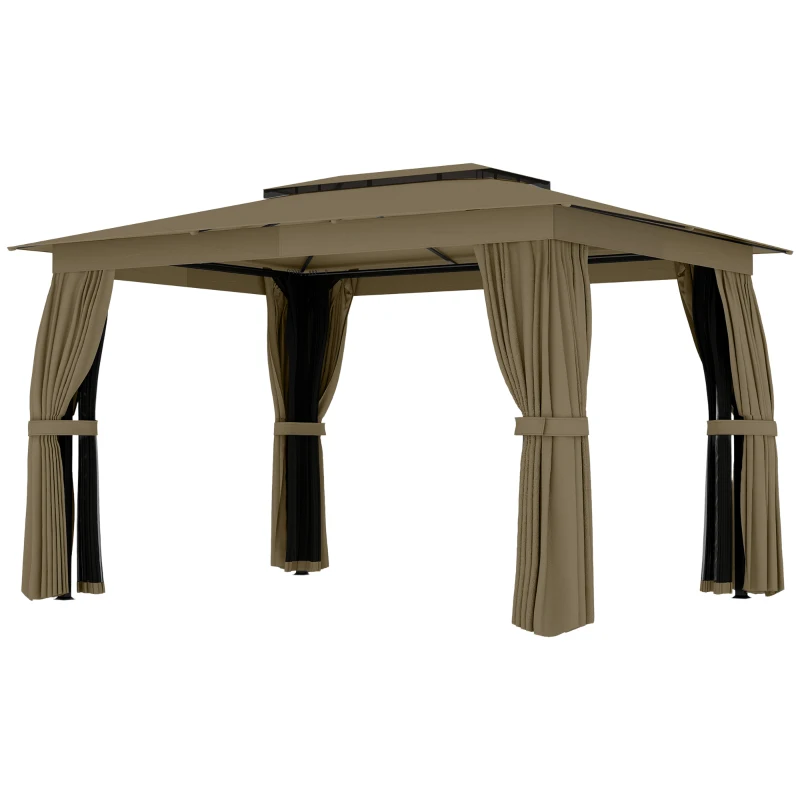12 X 9 FT Double-roof Design Canopy Shelter, Large Outdoor Gazebo with Steel Columns, Outdoor Heavy Duty Party Tent with Mosquito Nettings and Privacy Screens for Backyard, Garden, Lawn, khaki