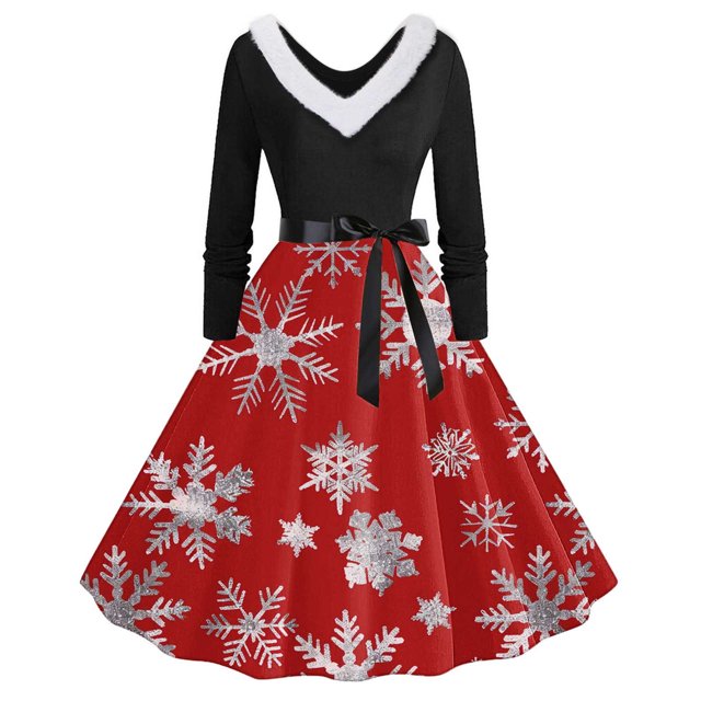 TIMIFIS Robes de Noël pour Femmes, Robes Maxi pour Femmes Robe Vintage de Vacances Manches Longues Col en V en Fourrure Robe Dos Nu