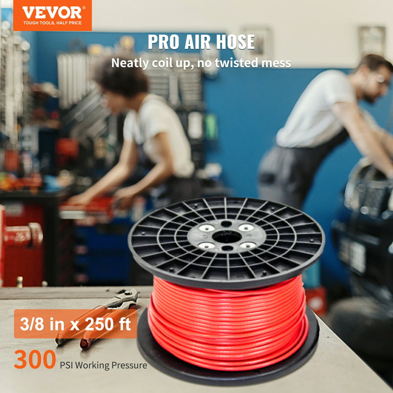VEVOR Air Hose Reel, 3/8 inch x 250 ft, 300 PSI Heavy Duty, Lightweight PVC / Rubber Hybrid Air Compressor Hose, Kink Resistant All-Weather