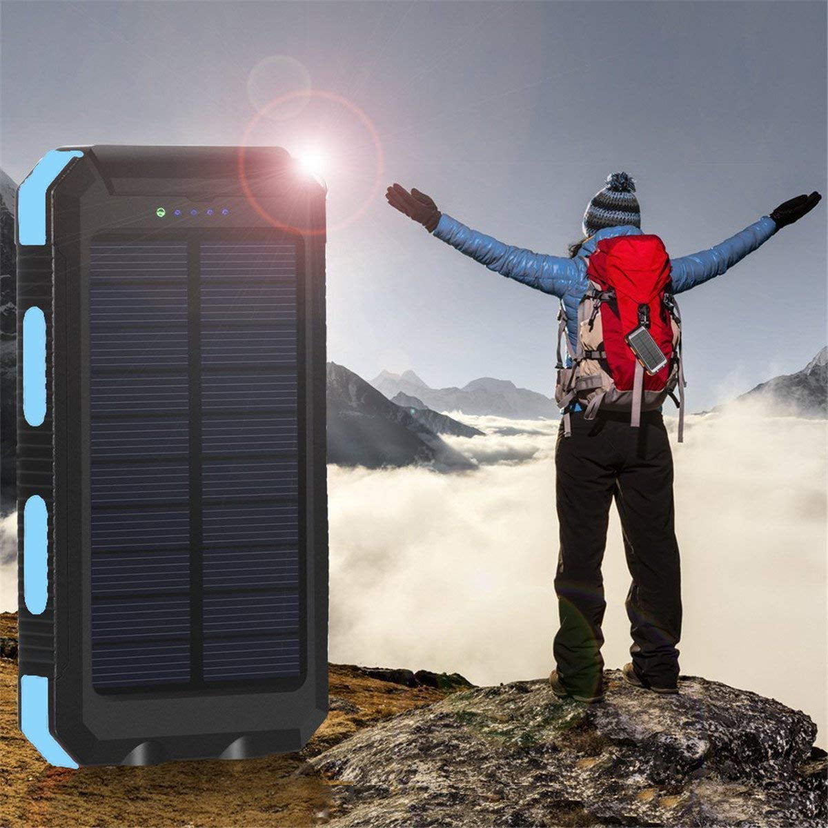 Tainbat Solar Power Bank 20000mAh Portable Charger Solar for Cell Phone Waterproof External Backup Battery USB Charger with Flashlight Compass for Emergency or Camping Hiking Outdoor 