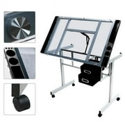 Renwick Adjustable Drafting Table with Tempered Glass and Storage Drawers