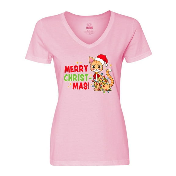 Inktastic Merry Christmas Cute Cat with Colorful Lights Women's V-Neck T-Shirt