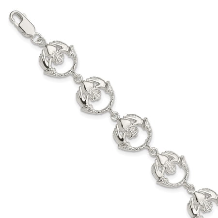 Diamond2Deal 925 Sterling Silver Polished and Textured Claddagh Link Bracelet for Women 7"